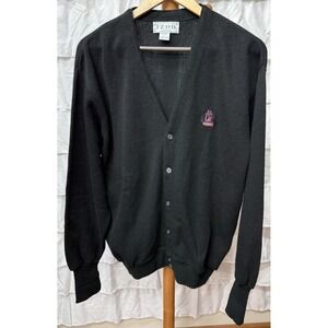 IZOD Sweater Mens L 90s Cardigan Jumper Grandpa Button Up Black‎ VTG USA
